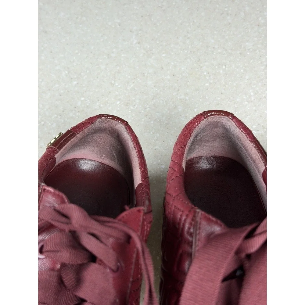 Tory Burch Marion Quilted Leather Logo Ribbon Laced Sneakers Red Burgundy 5.5M